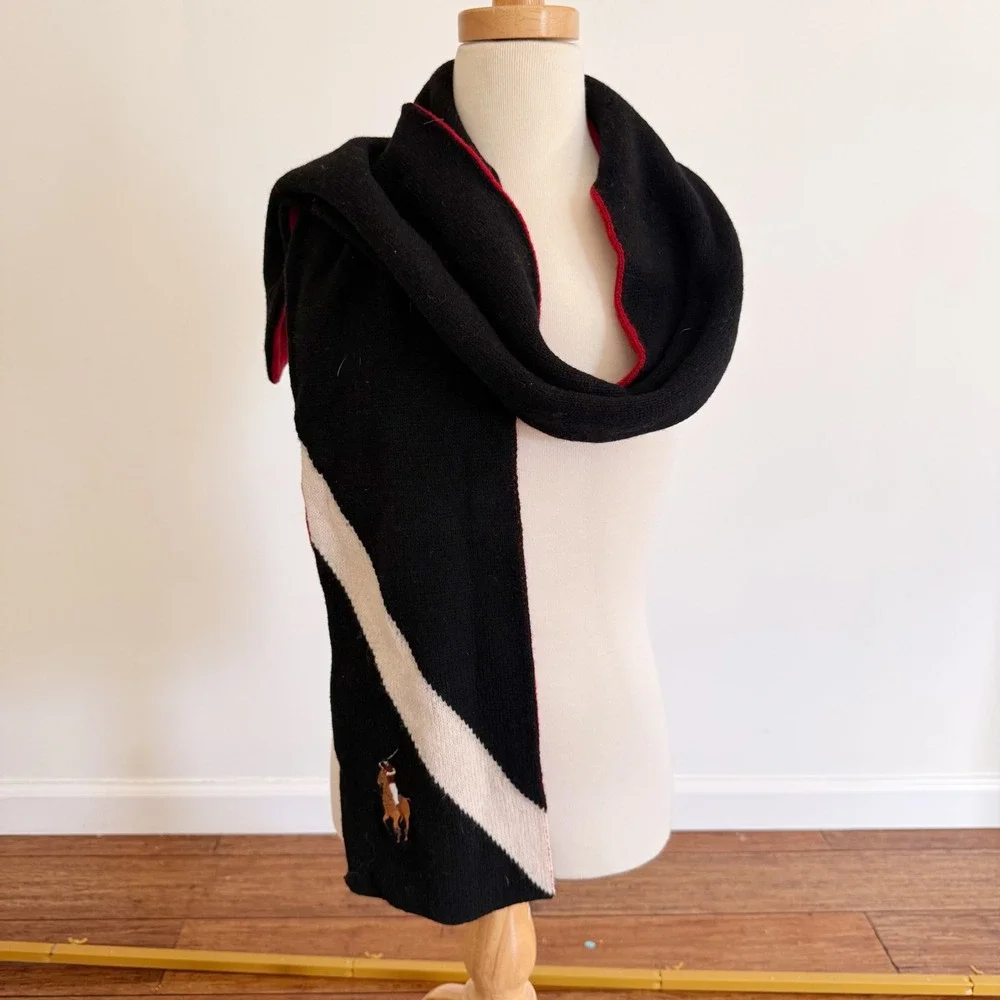 Vintage Polo Ralph Lauren‎ Lambswool Scarf Black Red Stripe Embroidered Pony
